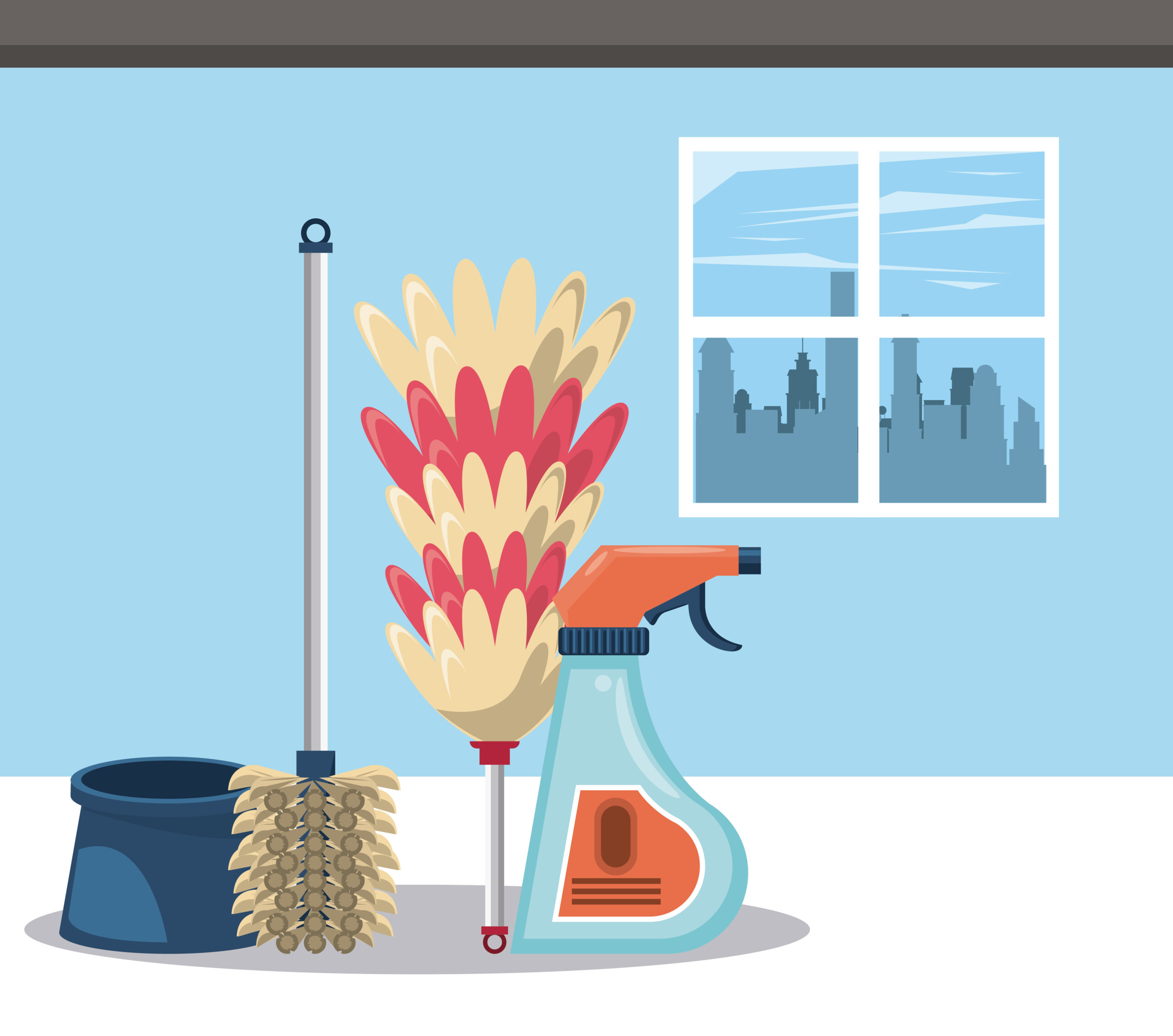Cleaning products soap bottle with toilet brush in home scenery vector illustration graphic design